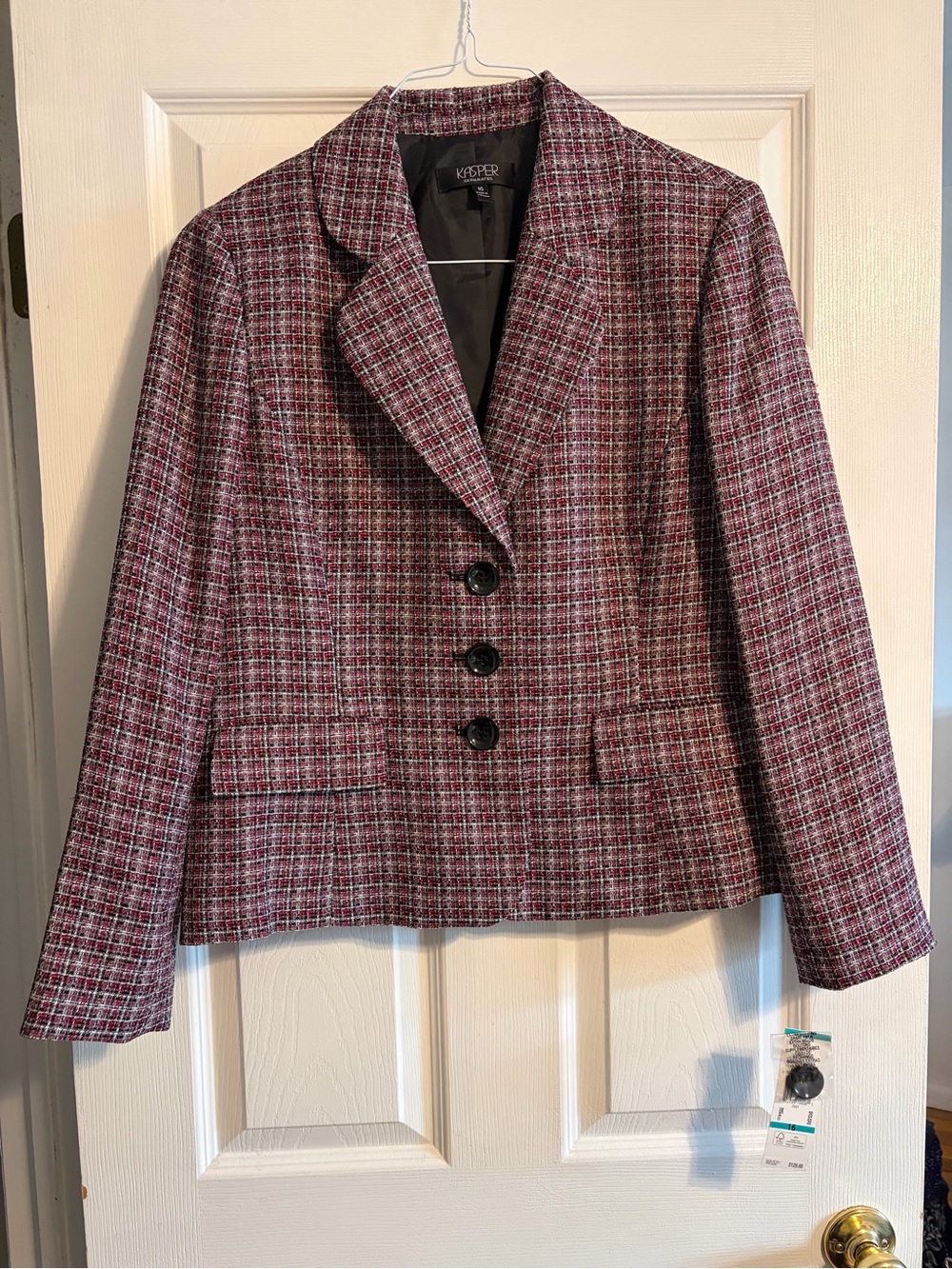KASPER NWT Tweed Blazer Jacket Size 16 Multi Color Pink Black Gray Plaid Work